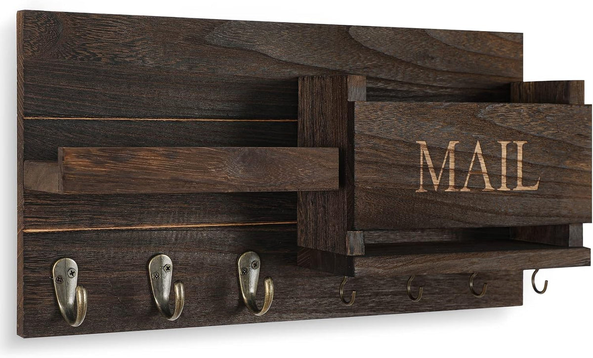 Dark Brown Wooden Wall Mail and Key Organizer with 7 Hooks
