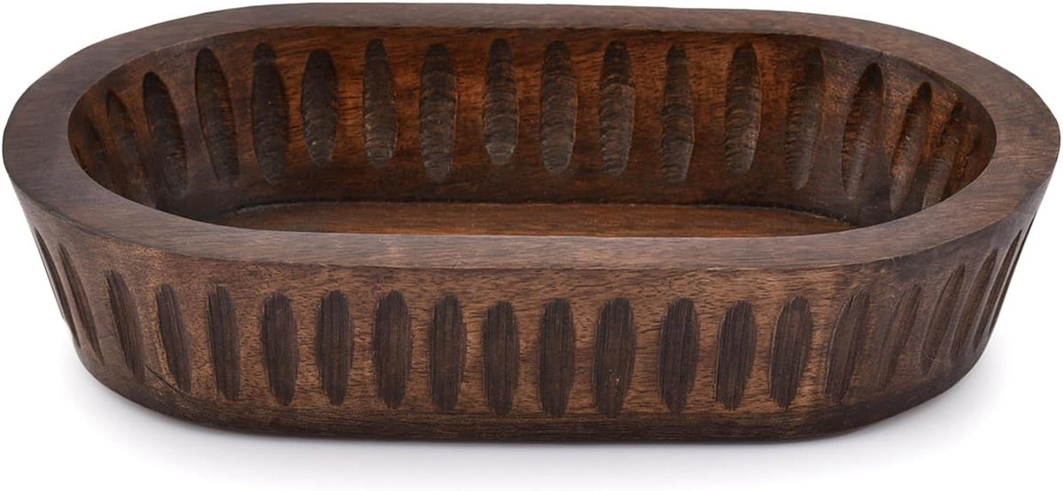 Dark Brown Oval Carved Wood Decorative Bowl, 10 × 6 × 2 in