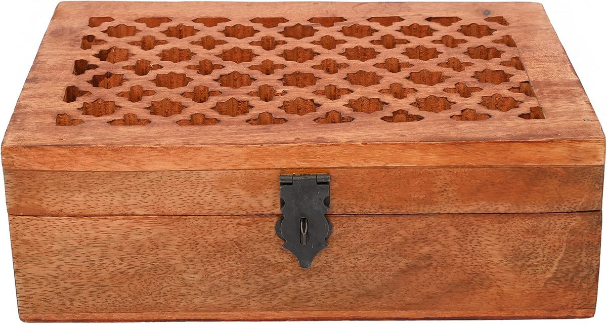 Carved Mango Wood Storage Box with Hinged Lid, 9 × 6 × 3 in