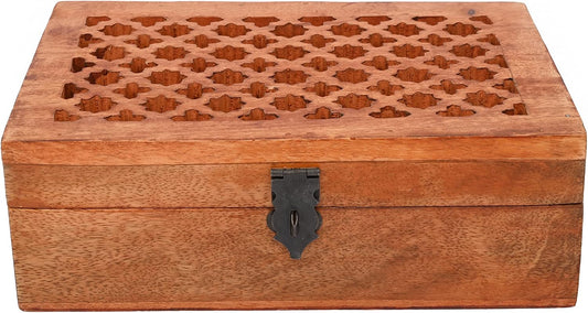 Carved Mango Wood Storage Box with Hinged Lid, 9 × 6 × 3 in
