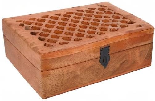 Carved Mango Wood Storage Box with Hinged Lid, 9 × 6 × 3 in