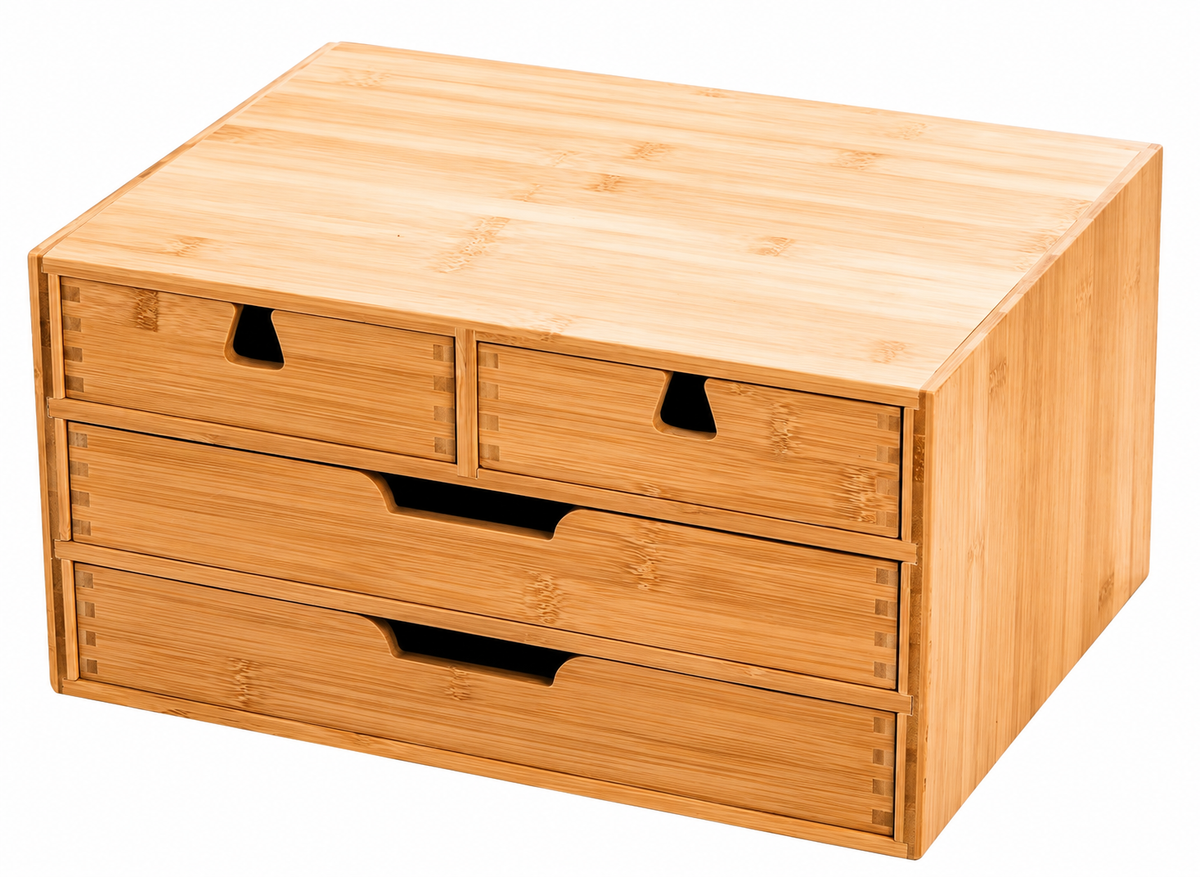 Bamboo Desktop Organizer with Four Drawers, 13.8 × 10.6 × 7.2 in