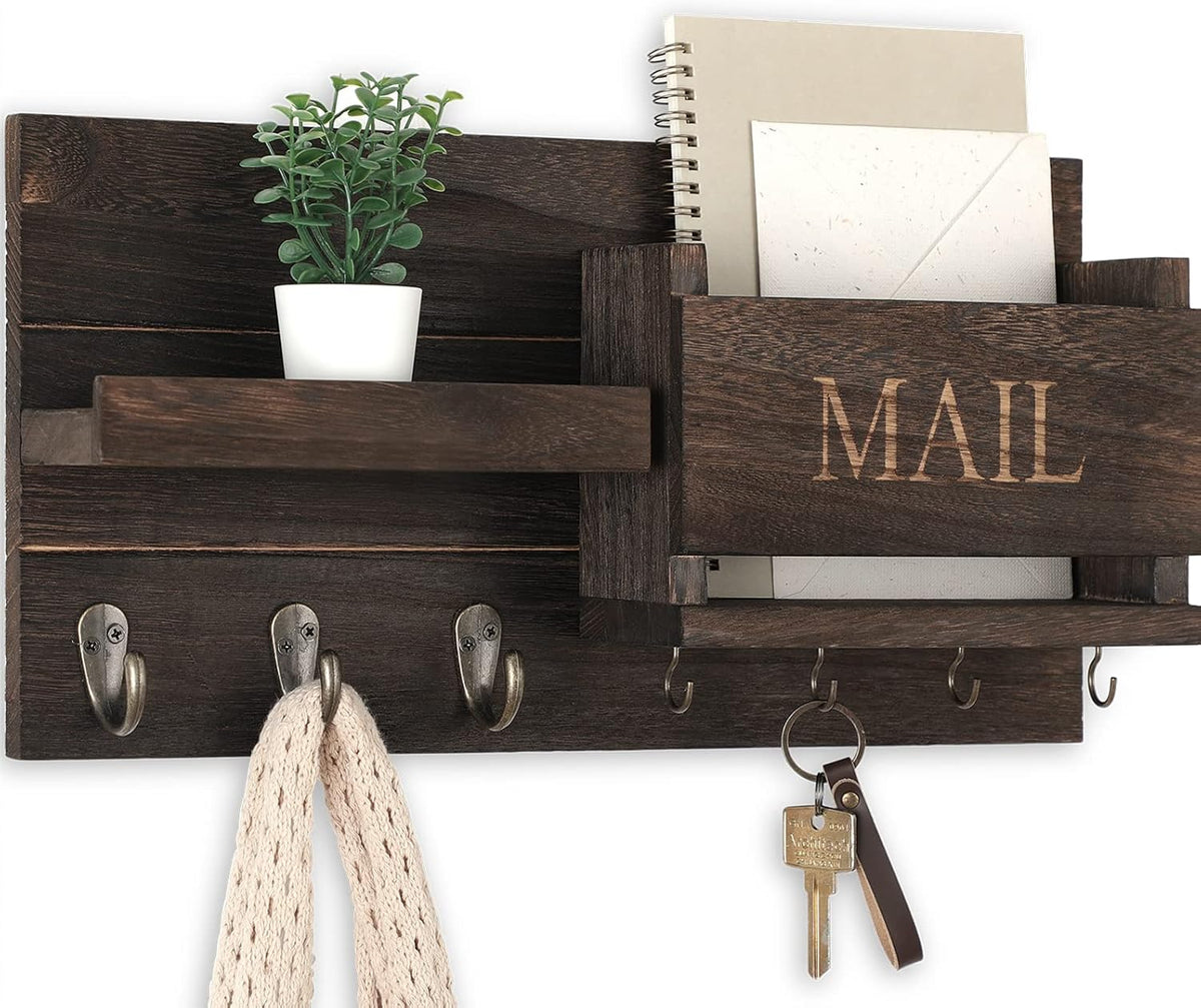 Dark Brown Wooden Wall Mail and Key Organizer with 7 Hooks