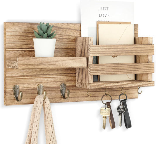 Natural Wood Wall Mail and Key Organizer with Shelf