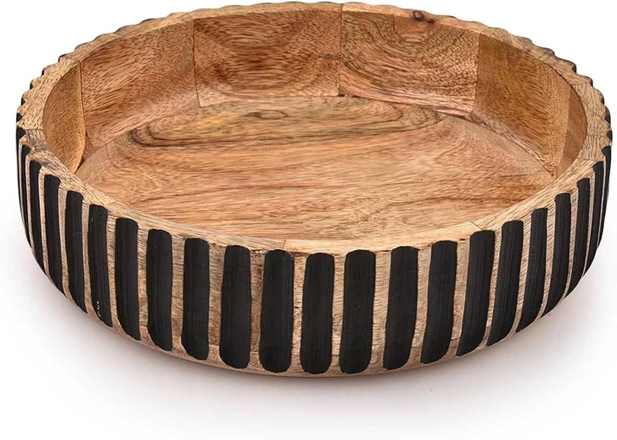 Round Mango Wood Decorative Bowl with Black Striped Sides, 10 in