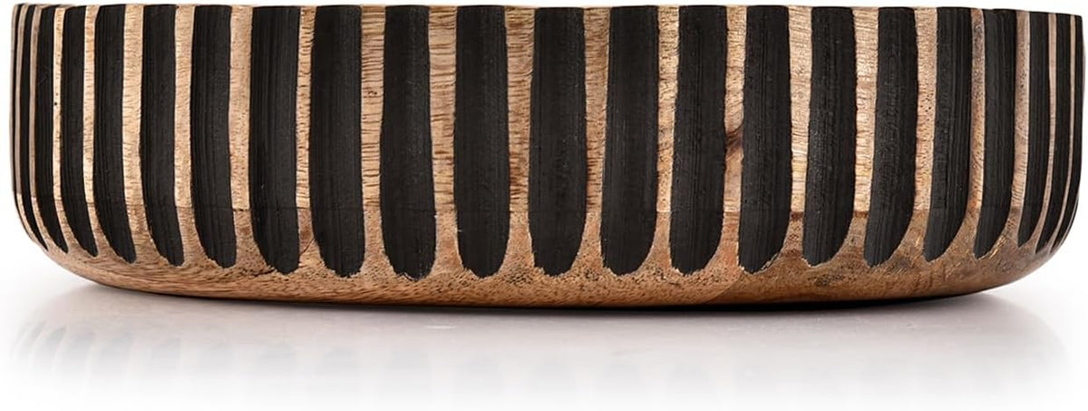 Round Mango Wood Decorative Bowl with Black Striped Sides, 10 in