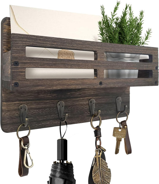 Rustic Brown Wooden Wall Mail Organizer with 4 Hooks