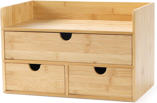 Bamboo Desktop Organizer with Top Shelf and Three Drawers