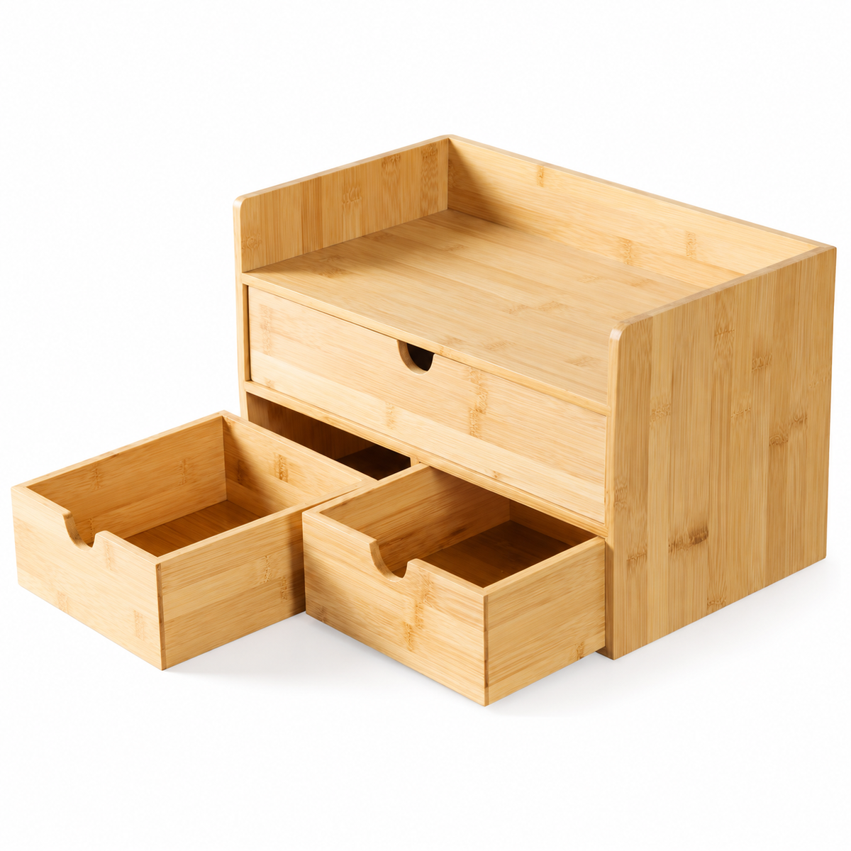 Bamboo Desktop Organizer with Top Shelf and Three Drawers