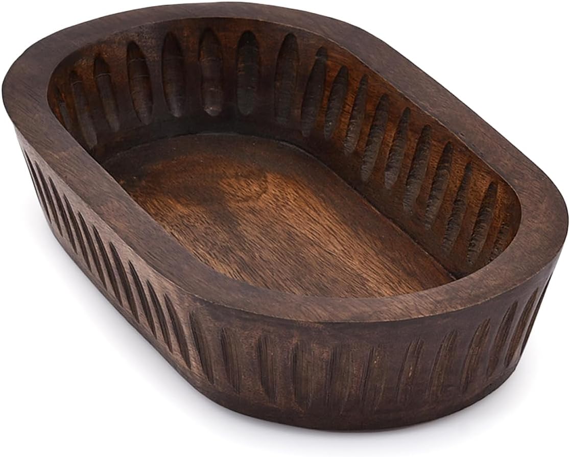 Dark Brown Oval Carved Wood Decorative Bowl, 10 × 6 × 2 in