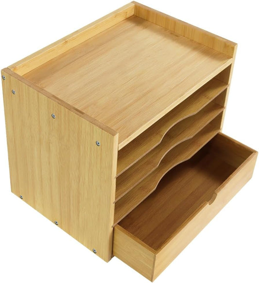 Bamboo Desktop File Organizer with Drawer, 13.6 × 9.8 × 11.2 in