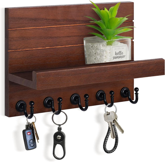 Dark Brown Wooden Wall Key Holder with Shelf and 5 Hooks