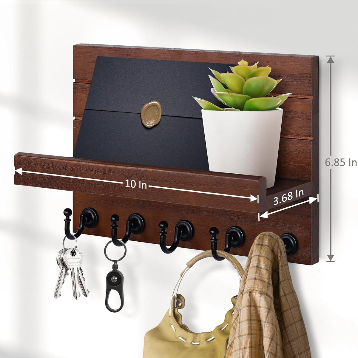 Dark Brown Wooden Wall Key Holder with Shelf and 5 Hooks