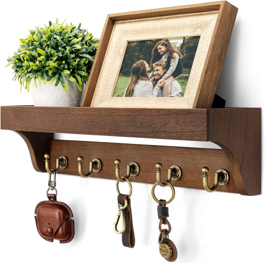 Brown Wooden Wall Key Holder with Shelf and 5 Hooks