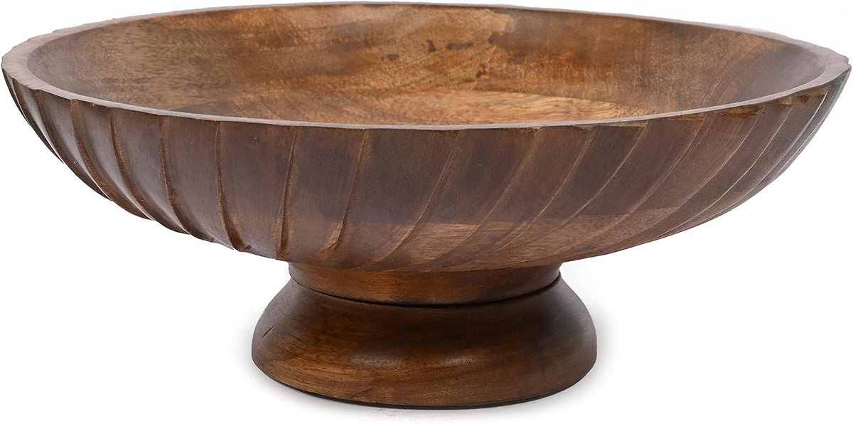Carved Mango Wood Pedestal Bowl, 12 × 4.75 in