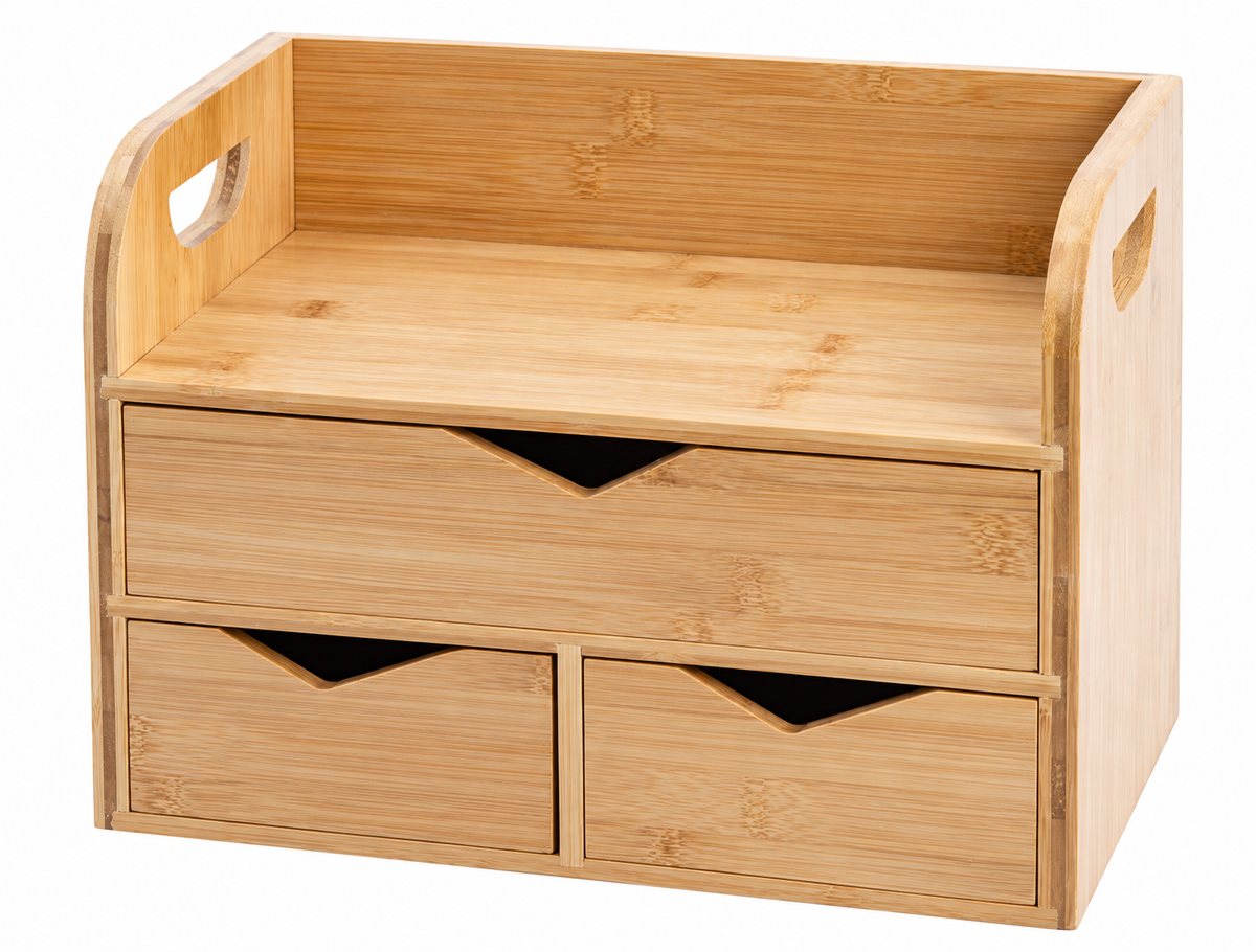 Bamboo Desktop Organizer with Three Drawers and Top Tray