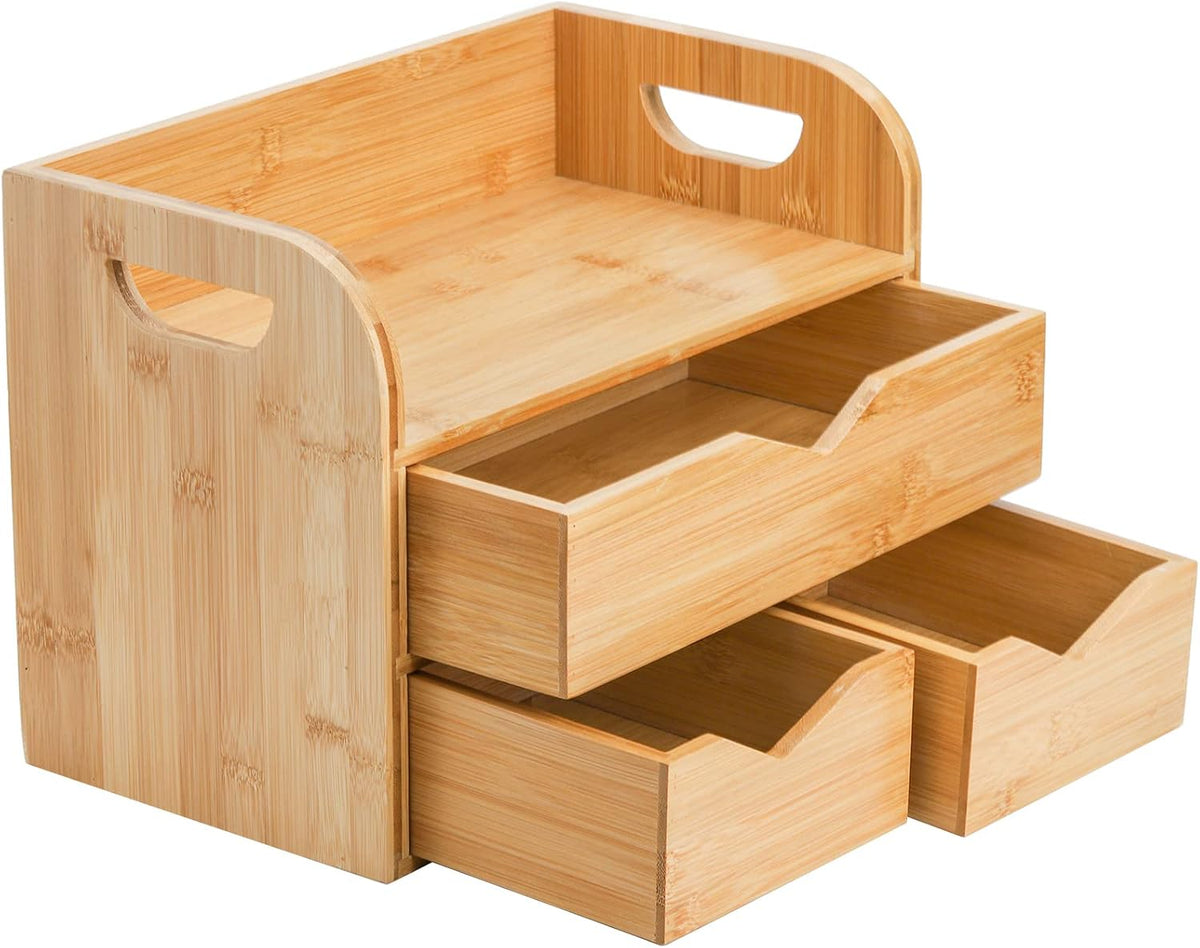 Bamboo Desktop Organizer with Three Drawers and Top Tray