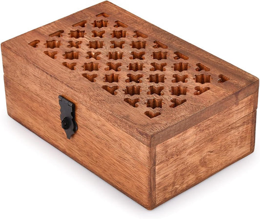 Carved Mango Wood Storage Box with Hinged Lid, 8 × 5 × 3 in