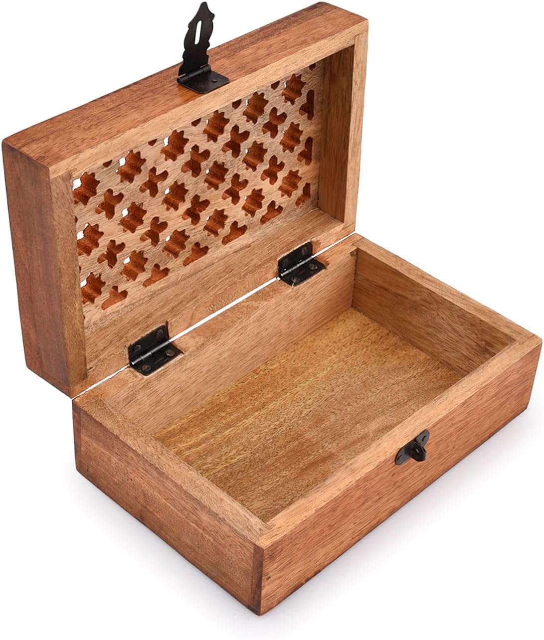 Carved Mango Wood Storage Box with Hinged Lid, 8 × 5 × 3 in