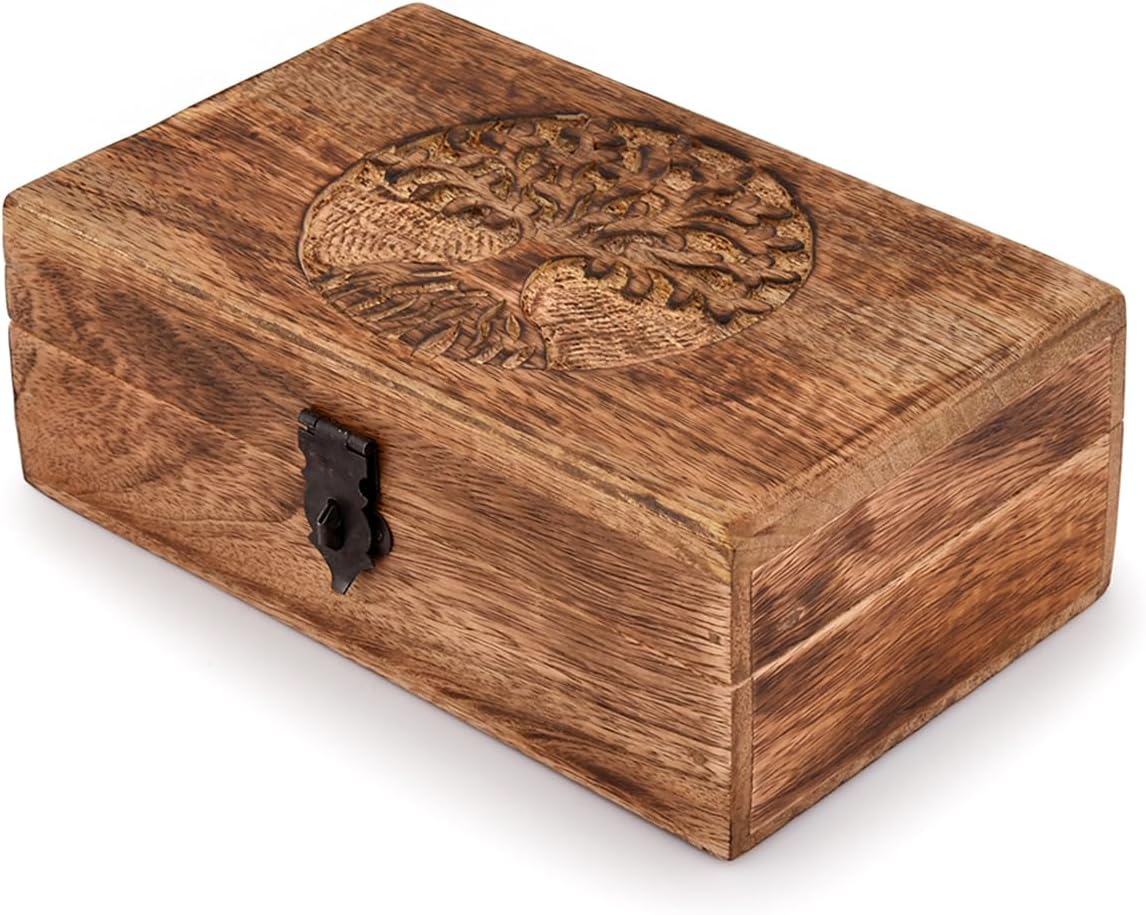 Tree of Life Carved Wood Keepsake Box, 8 × 5 × 3 in